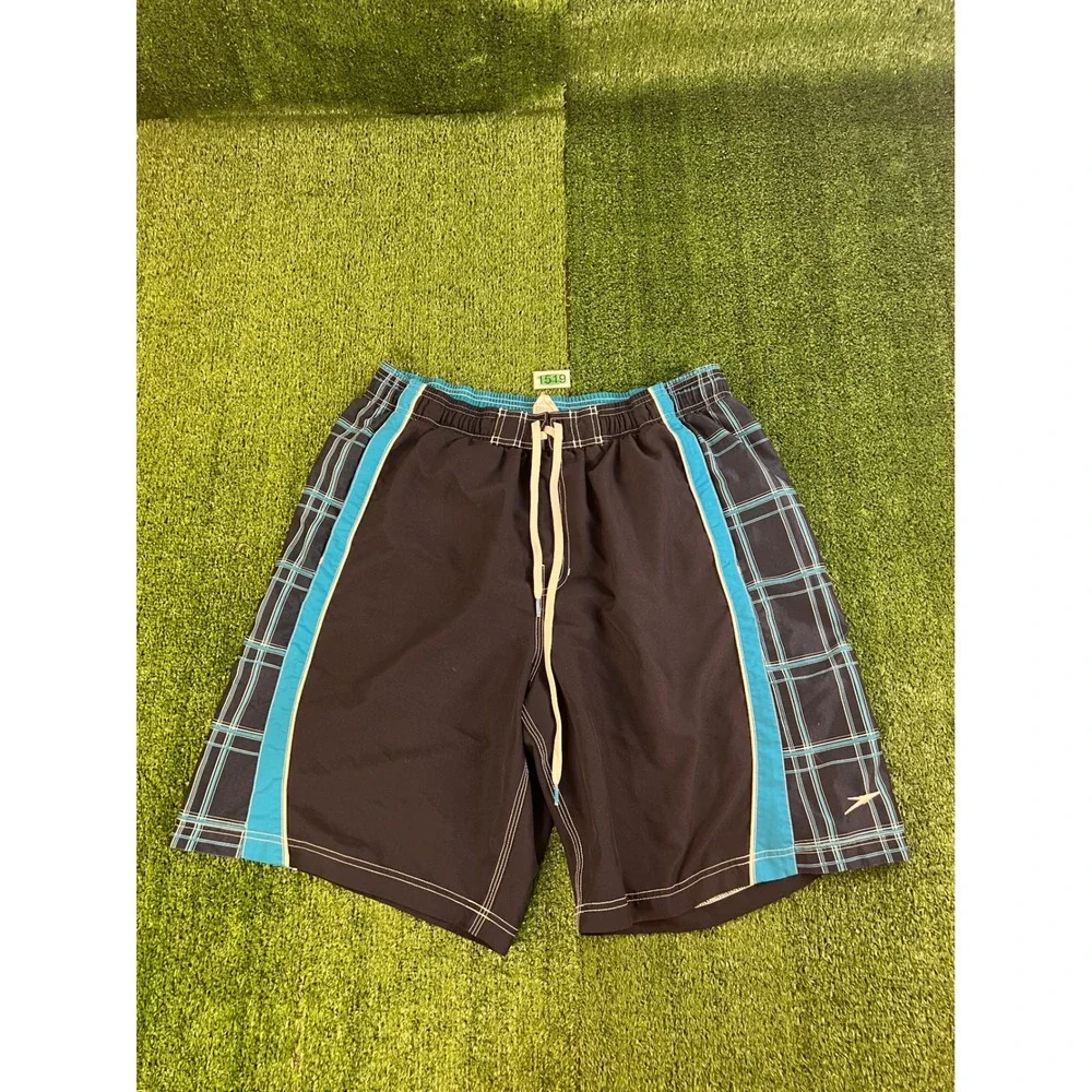 Speedo Mens Swim Trunks Black Turquoise Plaid Mesh Lined Board Shorts Size Large